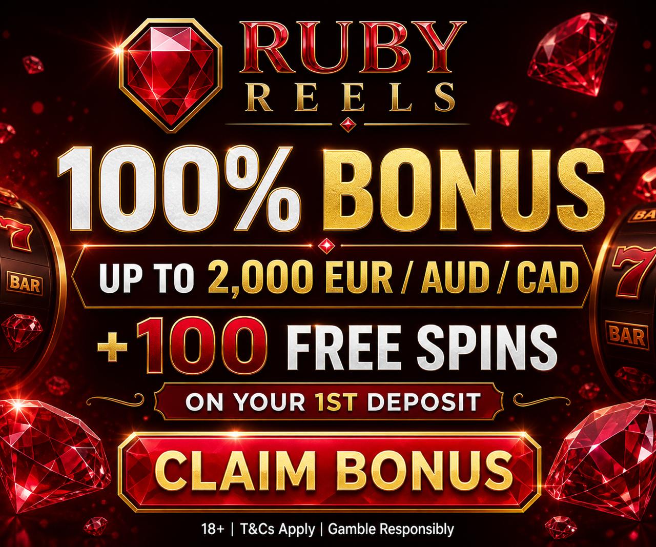 Ruby Reels welcome offer: 100% bonus up to 2,000 EUR/AUD/CAD plus 100 free spins